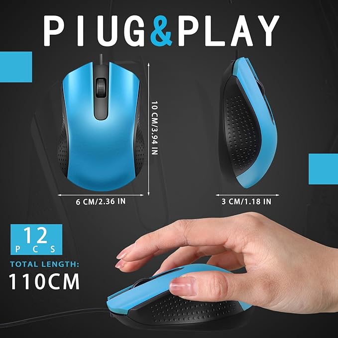 Hoteam 12 Pcs Wired Computer Mouse Bulk Cord USB Computer Mice Ergonomic Wired Mouse for Pcs, Computers, Laptops, Gaming Office Home Supplies (Light Blue)