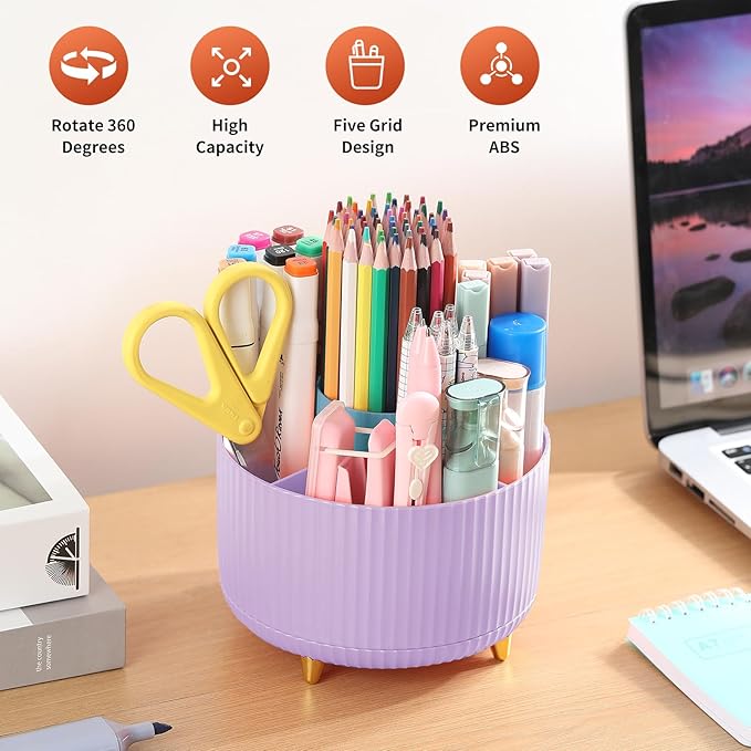 Desk Pencil Pen Holder, 5 Slots 360°Degree Rotating Pencil Pen Organizers for Desk, Desktop Storage Stationery Supplies Organizer, Cute Pencil Cup Pot for Office, School, Home, Art Supply, Purple