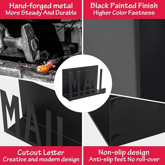 Mail Holder,Mail Organizer Black Metal Letter Sorter Tabletop Mail Cutout Organizer Mail Letter Document Stand with Letter Opener for Desktop Home Office School(2Pcs)