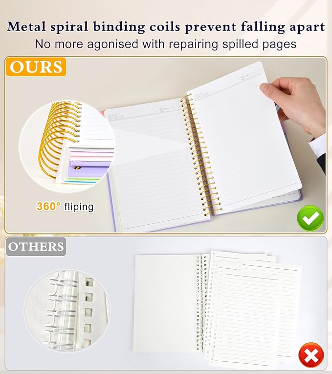 5 Subject Notebook College Ruled with Removable Pocket Dividers Tabs, 240 Pages Spiral Notebook 8.5 x 11, Lined Journal Notebook for Women , Hardcover Notebooks for Work School Note taking A4 Purple