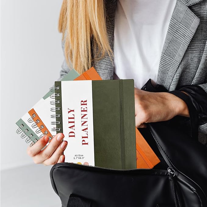 Undated Daily Planner,Undated Planner with Hourly Schedules, Daily Organizer Notebooks for work, Spiral Appointment Planner for Men and Wome, To Do List Notebook for Time Management, Elastic Closure, Pocket (Olive Green)