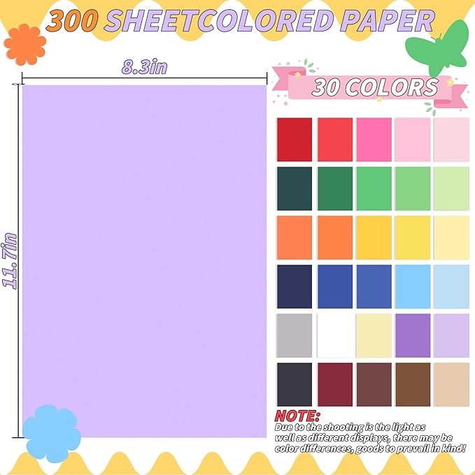 300 Sheets Colored Cardstock Bulk, 30 Assorted A4 Cardstock Paper 250gsm Colorful Card Stock, 8.3 x 11.7 Thick Double Sided Printed Cardstock for DIY Art Craft Scrapbooking Making School Party