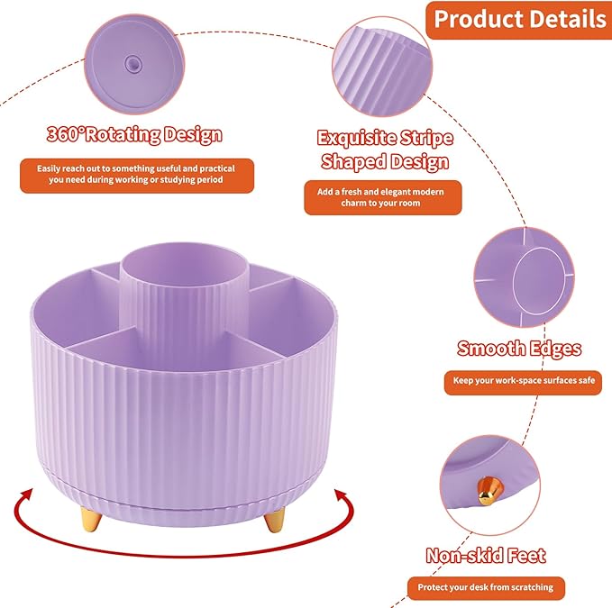 Desk Pencil Pen Holder, 5 Slots 360°Degree Rotating Pencil Pen Organizers for Desk, Desktop Storage Stationery Supplies Organizer, Cute Pencil Cup Pot for Office, School, Home, Art Supply, Purple