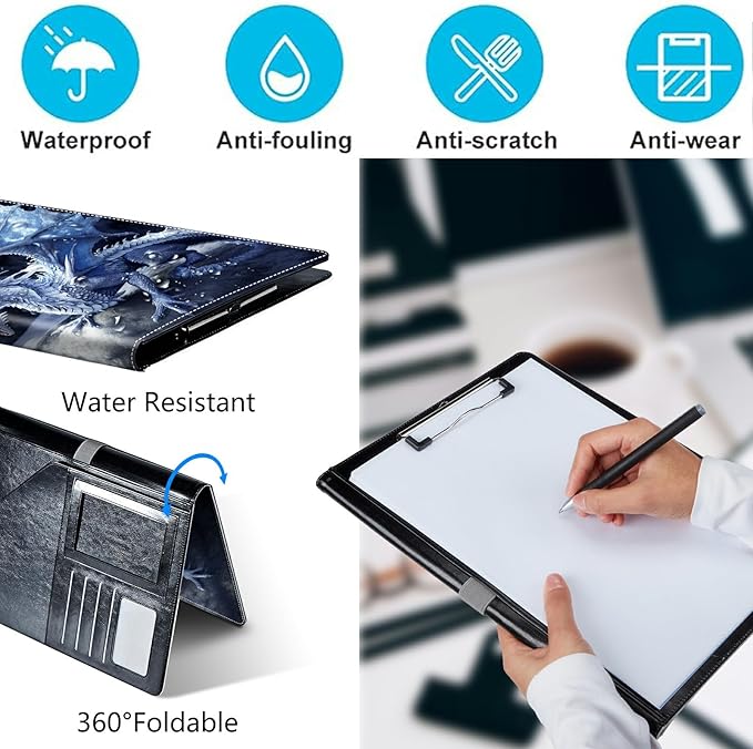 PU Leather Padfolio Folder Clipboard Portfolios Organizer Conference Document Organizer with Business Card Holder Storage Clipboard Writing Pad,Blue Dragon