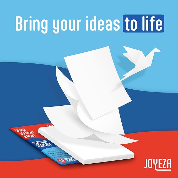 JOYEZA Premium Printable Vinyl Sticker Paper for Inkjet Printer - 80 Sheets Glossy White Waterproof, Dries Quickly Vivid Colors, Holds Ink well - Inkjet & Laser Printer