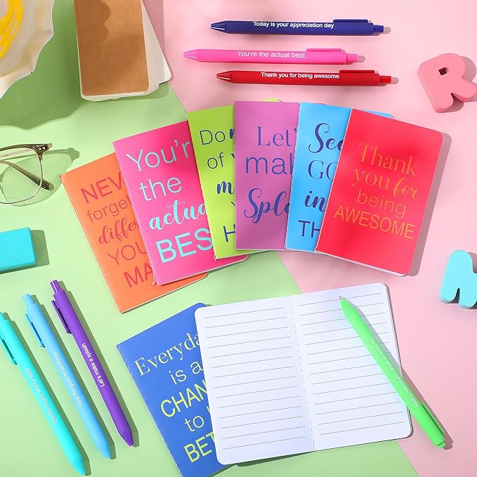 Funrous 32 Pcs Motivational Quote Pens Inspirational Notepads Mini Journal with Ballpoint Pen Small Notebooks Gift Set for Men Women Coworkers, Adult Party Favors Prizes Gift Bulk(Stylish)