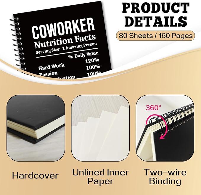 YAZMEEN Coworker Blank Spiral Notebook(160 Pages) Coworker Nutrition Facts Hardcover Sketchbook Appreciation Gifts for Employee Coworker Funny Notebook Birthday Gifts for Women Men Colleague Friend