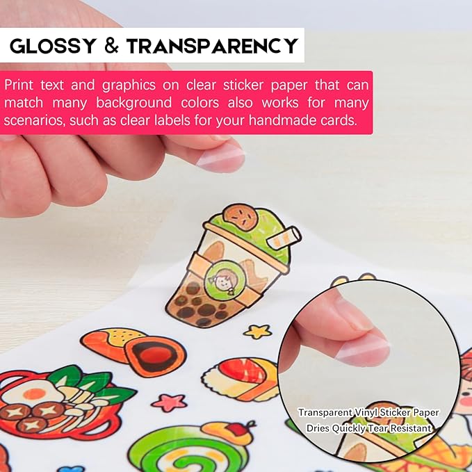 120 Sheets Printable Clear Sticker Paper for Inkjet Printer, Premium Vinyl Transparent Sticker Paper Waterproof, Dries Quickly, Vivid Colors, Tear Resistant, 8.5x11" Labels Great for Cutting Machines