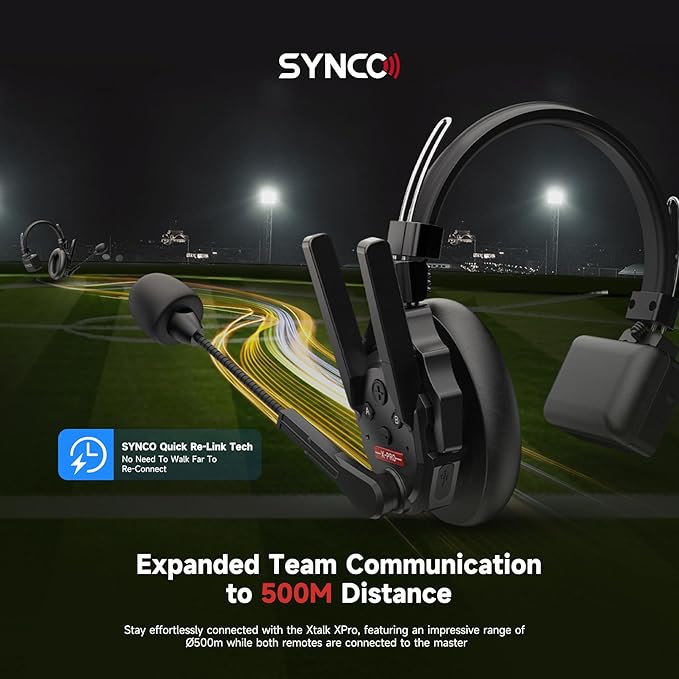 SYNCO XTALK XPro2 Wireless Intercom Headset System with Microphone Communication System Random Master Device,2.4GHz Full Duplex 500 M/1640 FT Real-time Monitoring 24H Working Time Telephone Headsets
