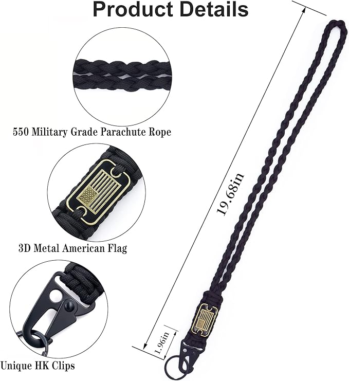 Heavy Duty Braided Paracord Lanyard Keychain with USA Flag, Parachute Rope Necklace Keychains, Braided Strong Lanyard with Metal HK Clip Key Ring for Outdoor Activities, Camera, Traveling