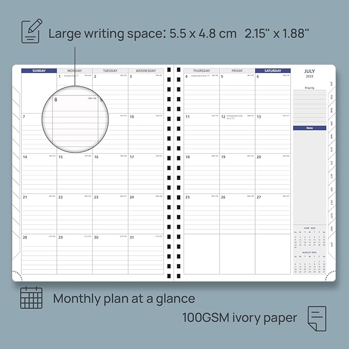 POPRUN 2025 Monthly Calendar Spiral Bound with Monthly Tabs 8.5" x 11", Large Writing Space Monthly Planner with PU Leather Soft Cover, Dual Pockets, Sunday Start - Claret