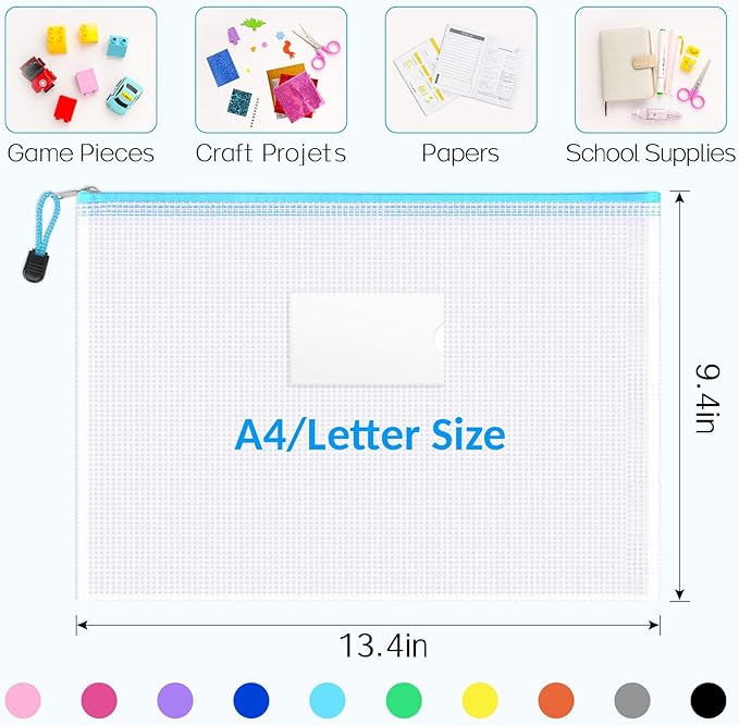 Sooez 32 Pack Mesh Zipper Pouch Bags, A4 Letter Size, Zipper Bags with Label Pocket, Waterproof Zipper Pouches for Classroom Organization, Board Game Storage, Document Bag for Office School Supplies