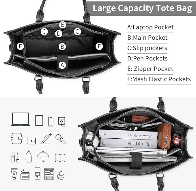 Laptop Bag for Women 15.6 Inch Leather Tote Bag Briefcase for Work Waterproof Lightweight Computer Work Bag Women Business Office Bag Handbag Shoulder Bag Purse 2pcs Set Black