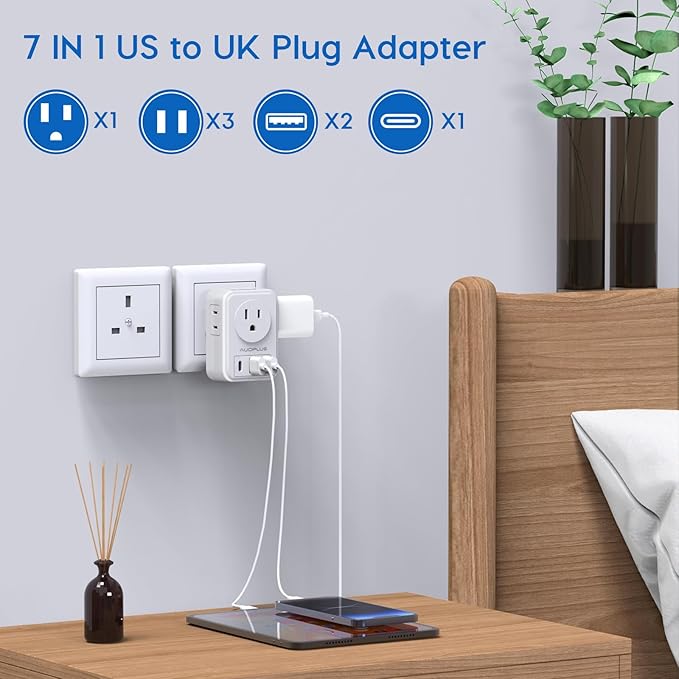 US to UK Plug Adapter 2 Pack, AUOPLUS Type G Ireland Travel Adapter with 4 Electrical Outlets 3 USB Charger, International Power Adapter, Cruise Ship Essentials for USA to Scotland England British