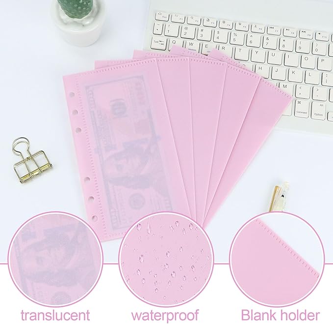 A6 Binder Pockets with No Zipper, Koqye Blue 10 Pcs Plastic Zipless Budget Envelopes, Two Pockets Frosted Cash Envelopes Money Bag for Budgeting, Cash Stuffing (Pink-2set)