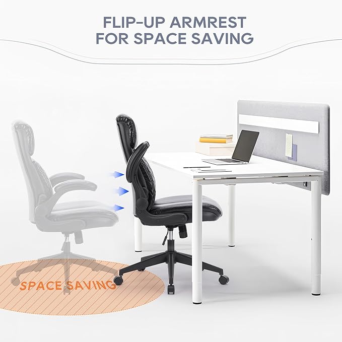 COLAMY Office Chair High Back Executive Computer Desk Chair, Ergonomic Home Office Chair with Padded Flip-up Arms, Adjustable Height and Tilt, Swivel Task Chair with Thick Leather, Diamond Black