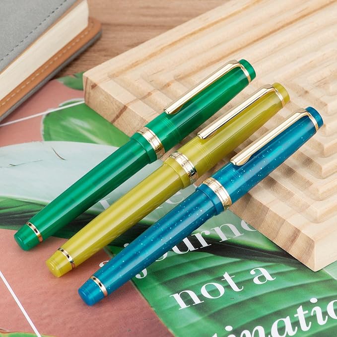 Jinhao 82 Acrylic Fountain Pen, Iridium Extra Fine Nib with Ink Converter, Transparent Peacock Blue Fluorescent Classic Design Smooth Writing Pen (Gold Trim)