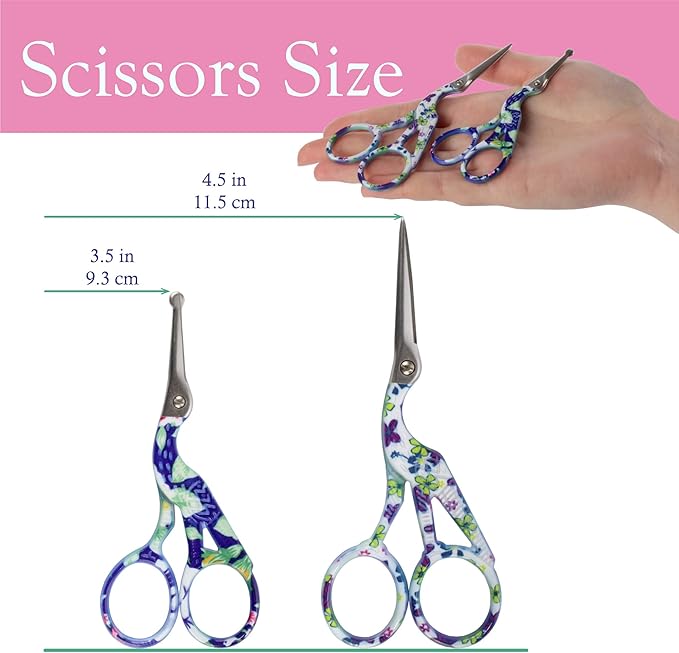 Stork Bird Rounded Safety Tip Embroidery Craft Stainless Steel Crane Scissors - Assortment D - 6 Pairs