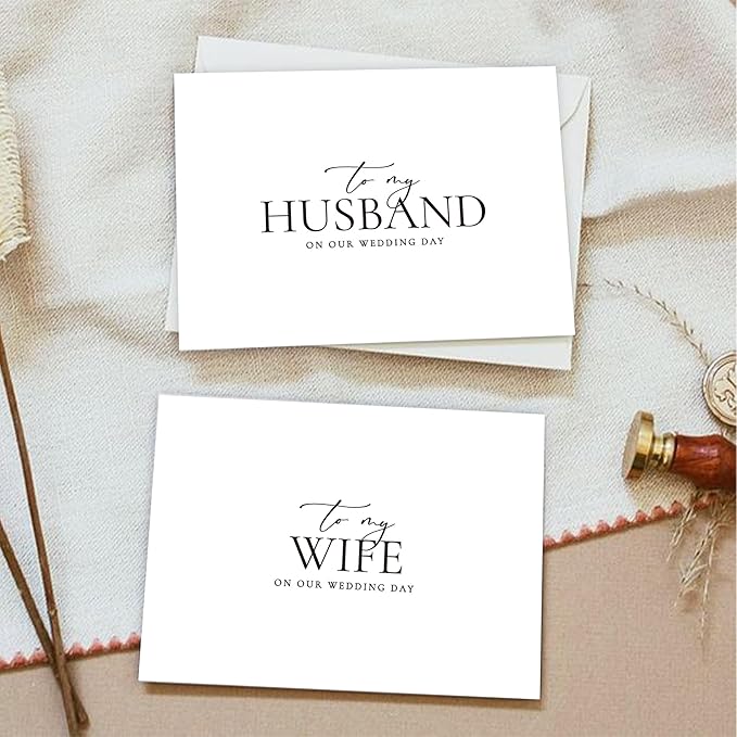 Set of 2 Wedding Cards for Husband and Wife with Matching Envelopes, To My Husband on our Wedding Day Card, To My Wife on our Wedding Day Card. (Husband/Wife A)