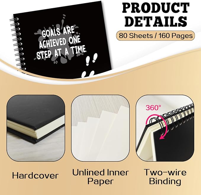 YAZMEEN Inspirational Blank Spiral Notebook(160 Pages) Goals are Achieved One Step at A Time Hardcover Sketchbook Encouragement Notebook Journal Funny Birthday Gift for Teen Teacher Student Coworker
