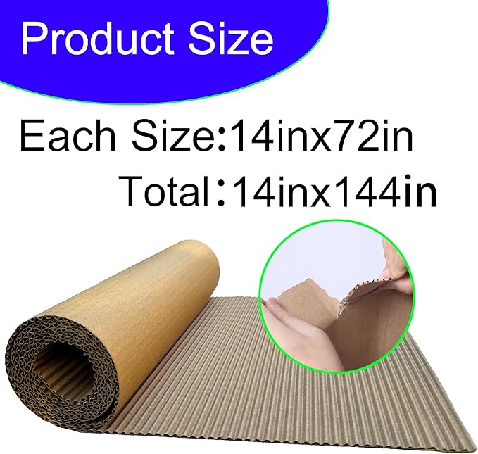 (14 x 144in)Brown Single Face Corrugated B Flute Cardboard Roll Shipping Corrugated Roll Paper Corrugated Wrap for Packing, Storage, Shipping, DIY(2rolls Each roll14x 72in)