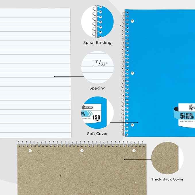 36 Pack Spiral Notebook, 5 Subject, Wide Ruled, 300 Pages/Book (150 Sheets), 8 x 10-1/2", Bulk School & Office Spiral Notebooks, Sturdy Spiral Journal Notebook, Soft Cover, Assorted Colors