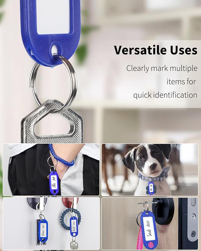 Uniclife 40 Pieces Key Tags 2 Inch Soft Plastic Key Chain Tags with Blank Paper Labels Clear Windows Protective Films and Split Rings Flexible Item Identifiers, Blue