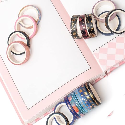 YUBX Skinny Galaxy Washi Tape Set 30 Rolls Gold Foil Decorative Starry Space Masking Tapes for Arts, DIY Crafts, Journals, Planners, Scrapbook, Wrapping