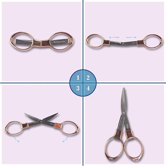 JubileeYarn Portable Travel Safety Folding Scissors Set, One Gold, One Silver, Two Thread Snips, and a Fabric Measuring Tape