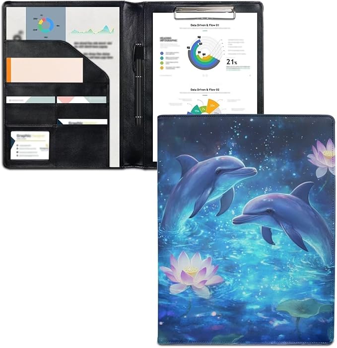 Cozeyat Lotus Dolphin PU Leather Portfolio Professional Organizer Padfolio for Women Girls, Document Folio for Letter Size Writing Pad/Business Card Holder