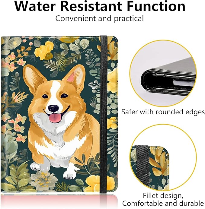 Dog Flower Padfolio Folder with Clipboard,Portfolios Organizer Clipboards with Storage Clipboard Writing Pad PU Leather Conference Document Organizer with Business Card Holder