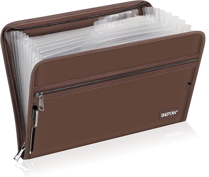 ENGPOW Accordion File Organizer,Fireproof 13 Pockets Expanding File Folder,Document Organizer Folder with Zipper&Labels,Portable Home Travel Safe Storage for Letter A4 Files and More,Brown