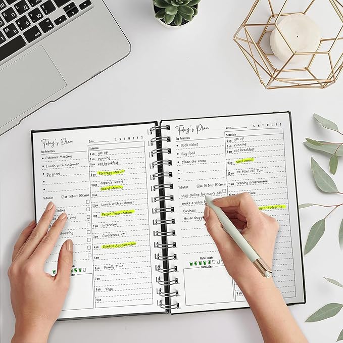 Undated Daily Planner,Undated Planner with Hourly Schedules, Daily Organizer Notebooks for work, Spiral Appointment Planner for Men and Wome, To Do List Notebook for Time Management, Elastic Closure, Pocket (Olive Green)