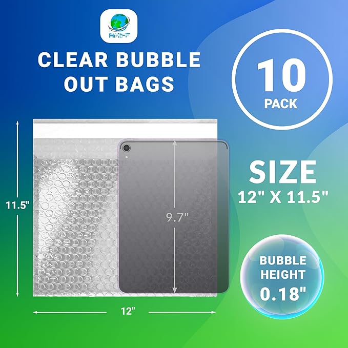 Clear Bubble Out Bags, 12 x 11.5 Inches. 10 Pack Self Seal Bubble Pouches. Polyethylene Clear Bubble Bags for Packing. Waterproof Clear Bubble Out Pouches for Fragile Things