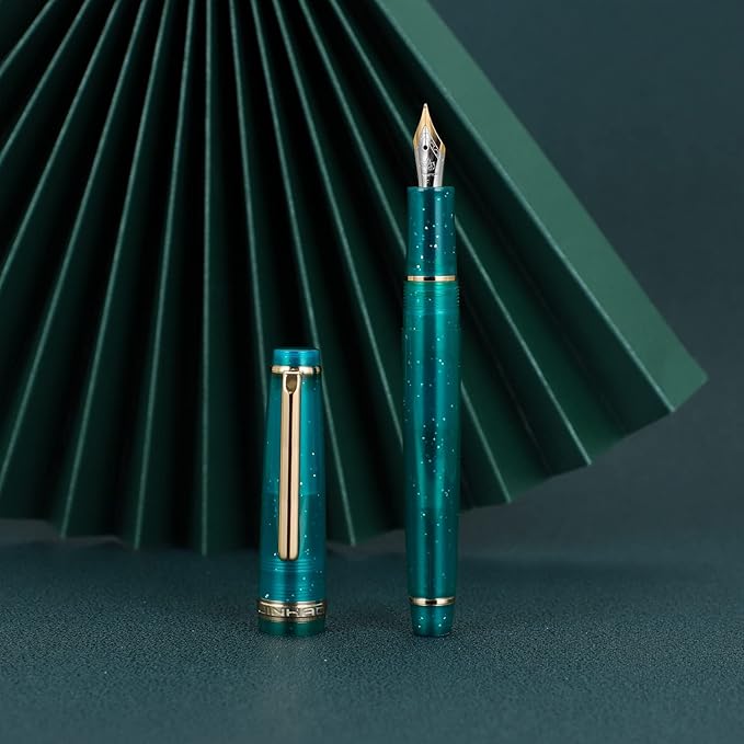 Jinhao 82 Acrylic Fountain Pen, Iridium Extra Fine Nib with Ink Converter, Transparent Peacock Blue Fluorescent Classic Design Smooth Writing Pen (Gold Trim)
