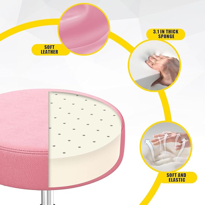 Rolling Stool, Heavy Weight Capacity 250lb, PU Leather Rolling stools, Ultra Soft Padded Seat, Rolling Stools with Wheels and Footrest, 360° Swivel, Spa Drawing Salon Work Office Tattoo Stool (pink)