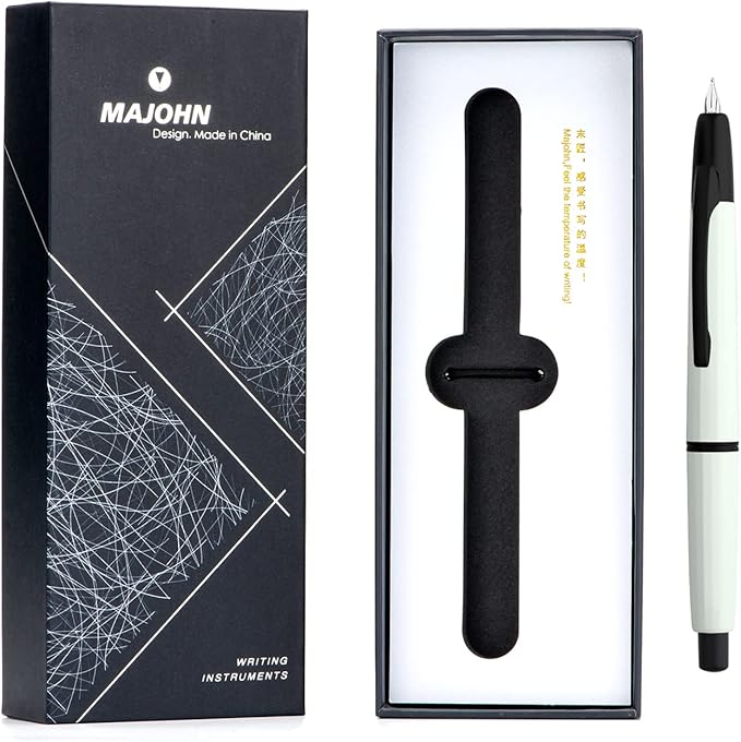 Majohn A2 Press Fountain Pen Extra Fine Nib with Box, Retractable White Resin Ink Pen with Converter Writing Set (Black Clip Version)
