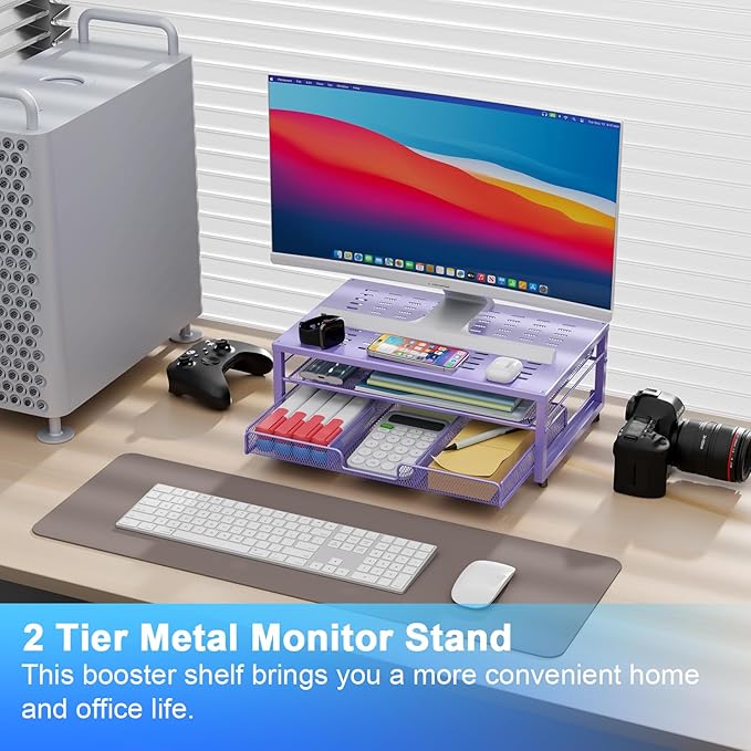 gianotter Computer Monitor Stand Riser, office organizer with Drawer, Office Organizers Storage for Classroom Office Supplies (Purple)