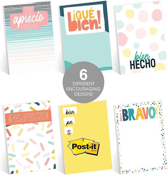 Gotcha Covered Notebooks Spanish Appreciation Sticky Note Assortment / 3" x 4" Repositionable Classroom Sticky Note Set En Espaol / Set of 6 Bilingual Encouragement Pads / Made in The USA