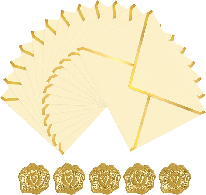 60 Pack Gold Envelopes 5x7 Bulk, 250G Pearled Cardstock A7 Envelopes for Invitations Business Mailing Envelope with Gold Foil Border, A6 4x6 Envelopes for Wedding Baby Shower Cards (Gold)
