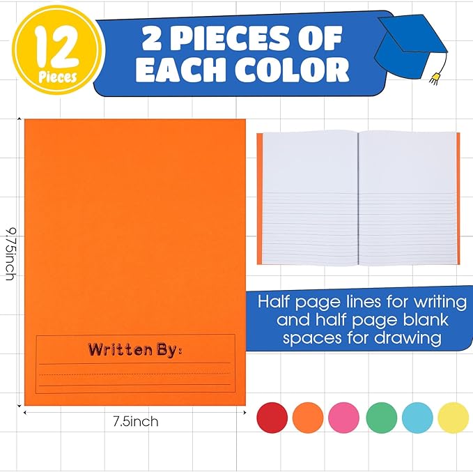 Henoyso 12 Pcs Primary Composition Notebook K-2 9 3/4 x 7 1/2 Inch Primary Journal Blank Writing Book for Kid to Write Draw and Journal 60 Page Notebook Back to School Supplies (Colorful)