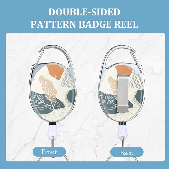 Badge Reels Retractable,Double Sided Color Print Pattern Retractable Badge Holders,with Retractable Keychain, Badge Clip and Key Ring,Durable Nylon Retractable Rope,Bohemian Leaf
