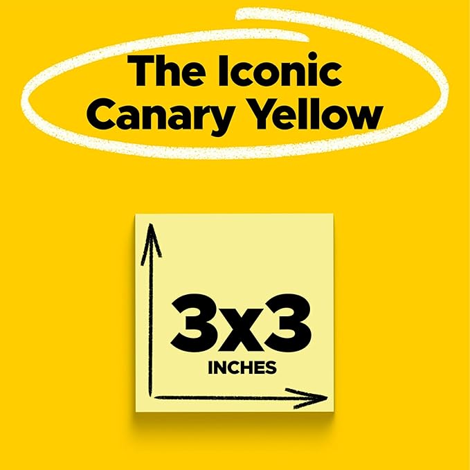 Post-it 100% Recycled Paper Super Sticky Notes, Canary Yellow, 3 in. x 3 in., 12 Sticky Note Pads, 70 Sheets per Pad, School Supplies and Office Products