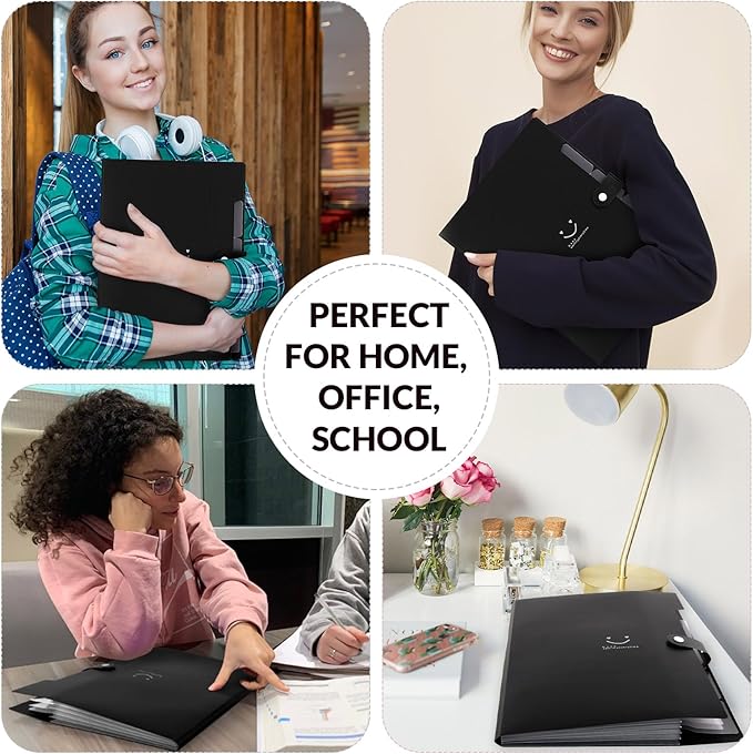 SKYDUE File Folder with 8 Labels, 5 Pockets Accordion Paper Organizer for School and Office,A4 Letter Size,Black