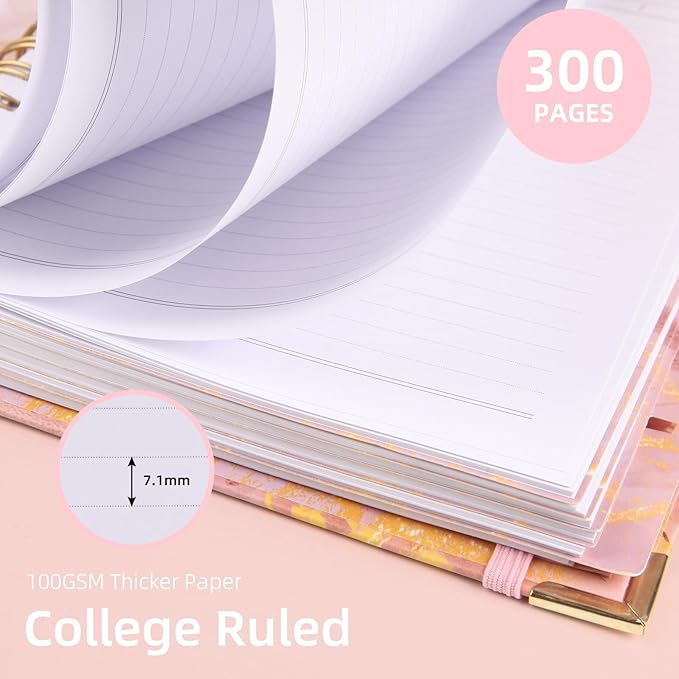 A4 Spiral Notebooks for Work, 300 Pages Lined Spiral Journal Notebook, 5 Subject College Ruled Journals for Writing, 11”x9.25''Journaling Notebooks for School Office Supplies (Pink Marble)