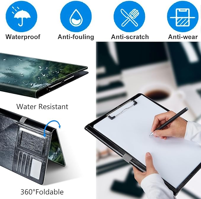 Forest in Rain Padfolio Folder with Clipboard,Portfolios Organizer Clipboards with Storage Clipboard Writing Pad PU Leather Conference Document Organizer with Business Card Holder