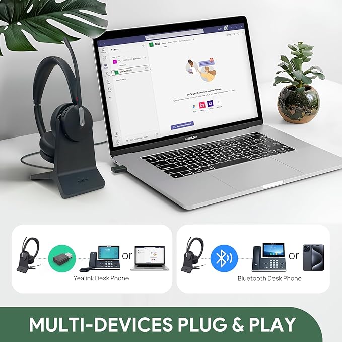 Yealink WH64 Hybrid with DECT Dongle & Charging Stand, 492ft Range, 32 Talk Time Bluetooth Headset for Teams, Zoom Skype UC Certified, Noise Cancelling Headset with 3X Mic, Work Headset for PC Phone