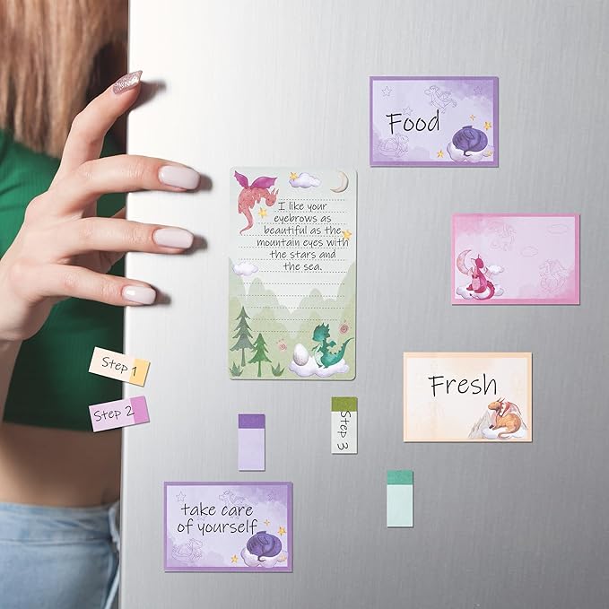 B1ykin Sticky Notes Set - Cartoon Theme Cute Self-Stick Notes Pad Teacher Appreciation Gifts, Self-Adhesive Writing Memo Pages Sticky to Do Notepad for Kids Employee School Office (Watercolor Dragon)
