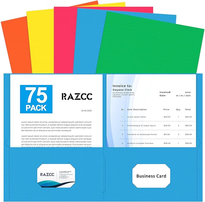 Two Pocket Folders, RAZCC 75 Pack 2 Pocket Folders Fit Letter Size Paper, Paper Folders with Pockets for School Office Business Home, Assorted 5 Colors