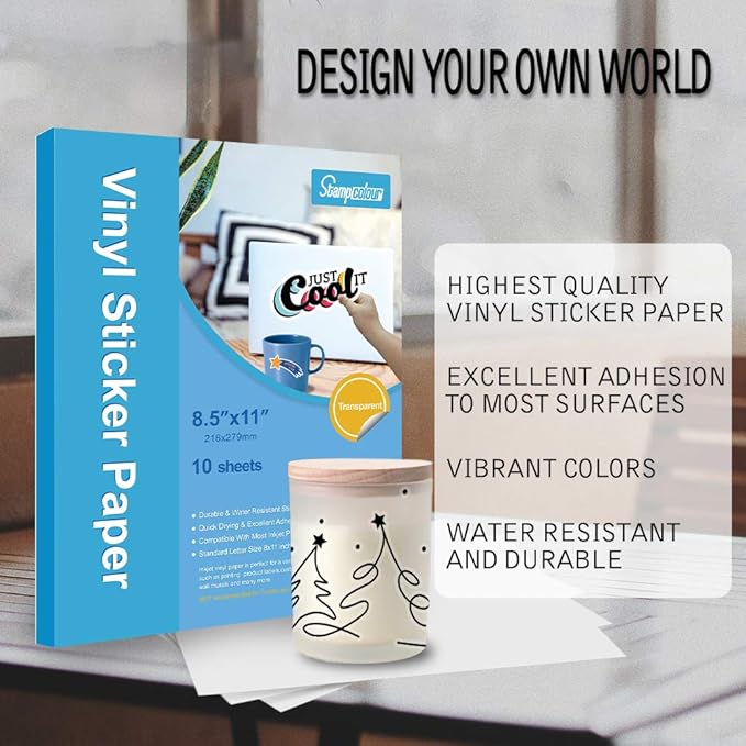 Printable Vinyl Sticker Paper Waterproof Translucent Decal Paper Self-Adhesive Clear Labels Crafts Dries Quickly for Any Epson HP Canon Sawgrass Inkjet Printer